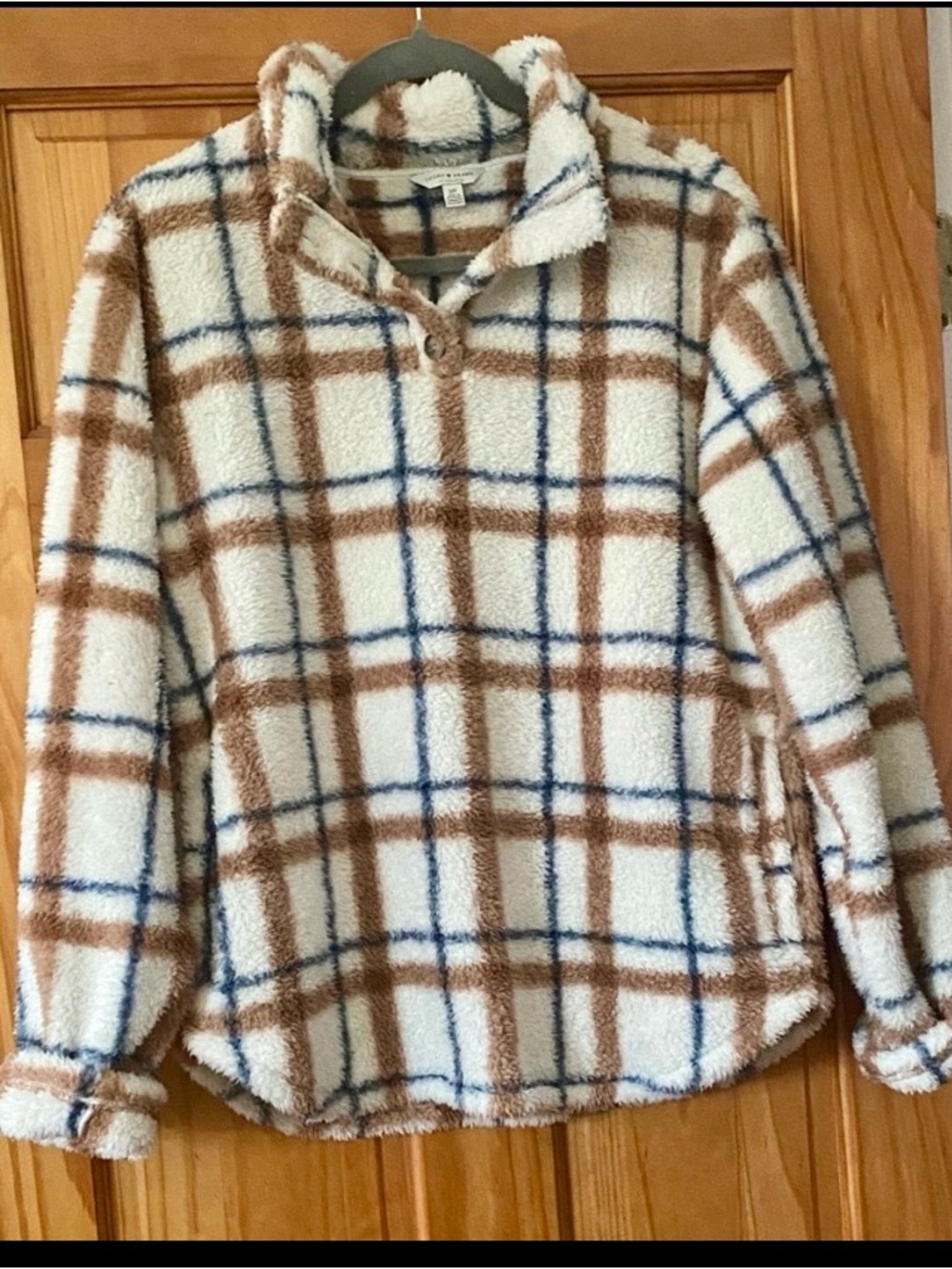 Lucky Brand Sherpa Fleece Pullover Plaid Cozy Quarter Button Mock Neck Small